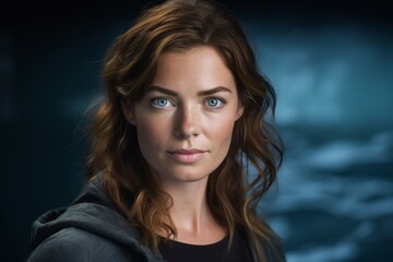Fototapeta premium Headshot portrait photography of a glad girl in her 30s crossing the arms against a deep sea-blue background. With generative AI technology