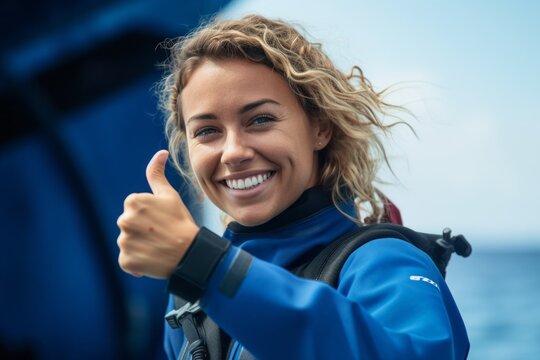 Close-up portrait photography of a happy girl in her 30s showing a thumb down against a deep sea-blue background. With generative AI technology
