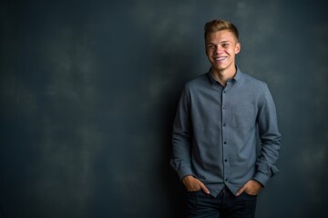 Medium shot portrait photography of a grinning boy in his 30s putting hands on hips against a metallic silver background. With generative AI technology