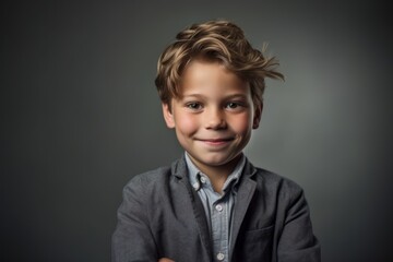 Medium shot portrait photography of a grinning boy in his 30s putting hands on hips against a metallic silver background. With generative AI technology