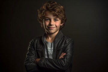 Medium shot portrait photography of a grinning boy in his 30s putting hands on hips against a metallic silver background. With generative AI technology
