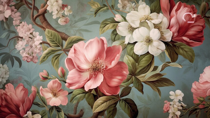 Pink and white flowers on a blue background. Generative ai