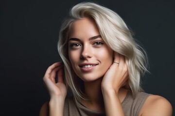 Headshot portrait photography of a satisfied girl in her 20s making a i'm listening gesture with the hand on the ear against a metallic silver background. With generative AI technology