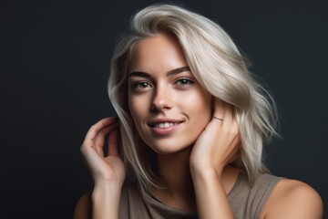 Headshot portrait photography of a satisfied girl in her 20s making a i'm listening gesture with the hand on the ear against a metallic silver background. With generative AI technology