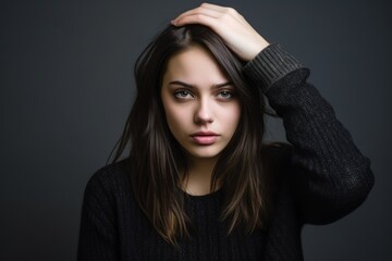 Medium shot portrait photography of a glad girl in her 20s scratching one's head in a gesture of confusion against a cool gray background. With generative AI technology