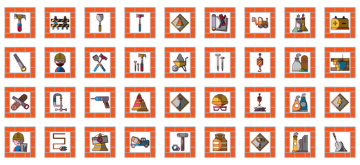 construction icon set with orange border and white background