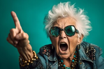 Medium shot portrait photography of a glad old woman making a rock on or rock horns gesture with the hand against a tropical teal background. With generative AI technology - obrazy, fototapety, plakaty