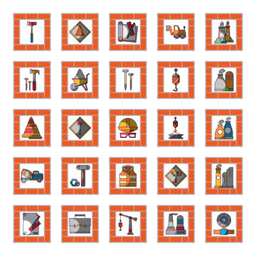 construction icon set with orange border and white background