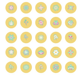 vector icon set of flower inside a circle with yellow background