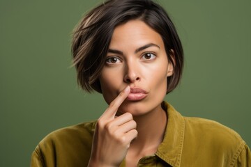 Close-up portrait photography of a grinning girl in her 30s making a silence gesture by putting the index finger on the lips against a olive green background. With generative AI technology