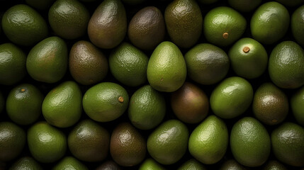 Close up of pile of ripe avocados. Fresh ripe large avocados with water drops, green avocados background. Realistic 3D illustration. Generative AI