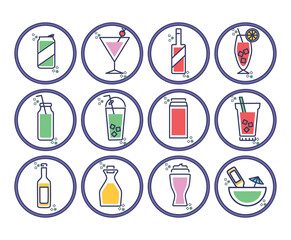 vector icon set of cups and glasses with liquid inside