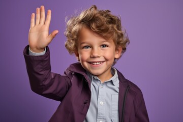 Lifestyle portrait photography of a happy kid male waving with the hand against a lilac purple background. With generative AI technology