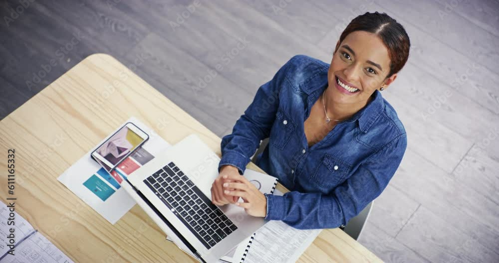 Poster happy, above and face of a woman with a laptop, typing an email and planning on the internet. smile,
