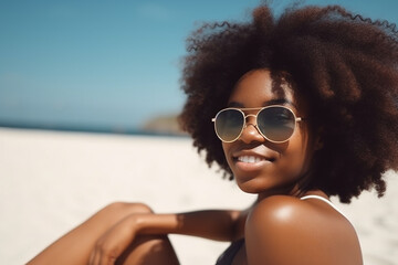 Pretty smiling afro-american woman relaxing on a beach. Generative AI