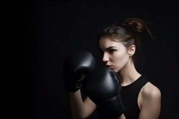 Young long hair woman boxing, copyspace. Generative AI