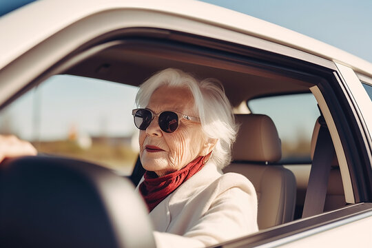 Senior woman driving a car, closeup. Generative AI