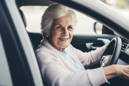 Smiling senior woman driving a car. Generative AI