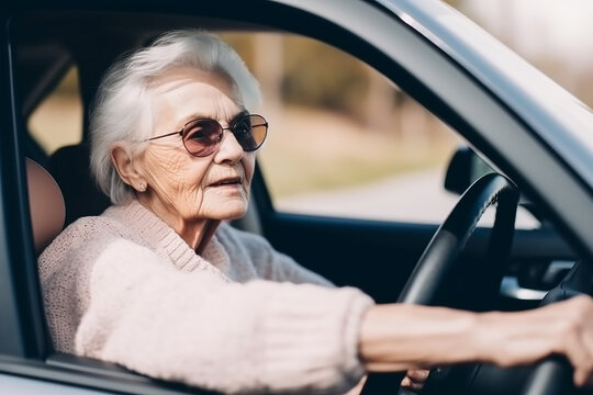 Senior woman driving a car. Generative AI