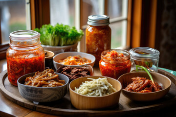Table filled with an array of fermented foods like sauerkraut and kimchi, packed with probiotics that nourish and support a healthy gut. Generative AI