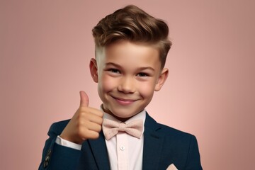 Headshot portrait photography of a grinning boy in his 30s raising both thumbs up against a rose gold background. With generative AI technology
