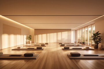 Serene yoga studio with soft, diffused lighting, highlighting the connection between mindful movement and a healthy digestive system. Generative AI