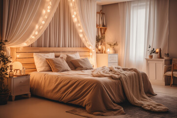 Fototapeta na wymiar Gut health contributing factor, a cozy bedroom with dimmed lights, promoting restful sleep and recognizing its role in gut health maintenance. Generative AI.
