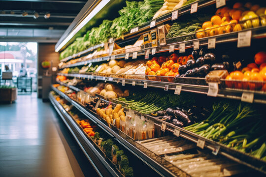 Vibrant grocery store aisle brimming with an array of fresh produce and wholesome whole foods, igniting a mindful food journey towards optimal gut health. Generative AI