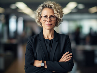 Happy middle aged business woman ceo standing in office arms crossed. Smiling mature confident professional executive manager, proud lawyer, businessman leader wearing black suit. created with ai