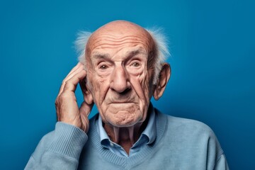 Headshot portrait photography of a glad old man covering one's ears against a periwinkle blue background. With generative AI technology - obrazy, fototapety, plakaty