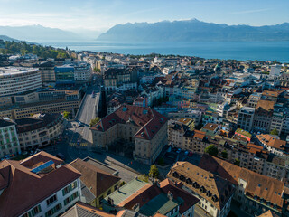 Lausanne, Switzerland, August 22nd 2022. Drone aerial view of the city centre and Lake Geneva at...