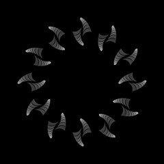 Abstract white rotated curvy lines in circle form. Segmented circle. Geometric art. Circular shape. Trendy design element for border frame, round logo, tattoo, sign, symbol, badge, emblem, web pages