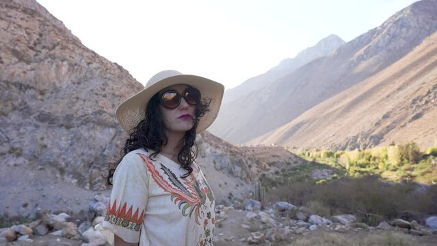 portrait mid adult brunette woman tourists hiker outdoors in the Elqui Valley