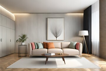 Modern living room interior with free space and blank wall. White background.