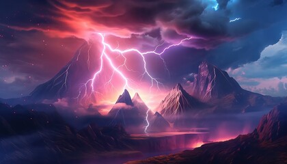 Fototapeta premium abstract landscape background with stormy clouds, vivid lightning, and imposing rocky mountains. Generative ai