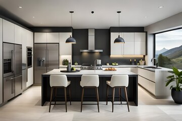 Modern wood and concrete kitchen interior with blank mock up on wall, island, appliances and window with city and daytime view. White background.