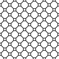 Repeated white figures on black background. Geometric wallpaper. Seamless surface pattern design with regular octagons and squares. Diamonds motif. Digital paper for textile print. Vector