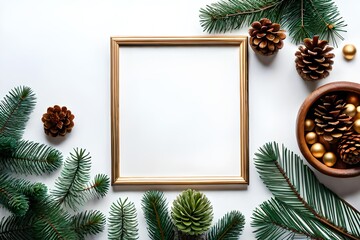 Christmas composition. Frame made of fir tree branches, pine cones on a white background. Christmas, winter, new year concept. Christmas frame.