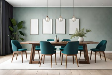 Modern dining room with blank mock up on wall, island, appliances and window with city and daytime view. White background. Modern dining room.