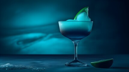 Image of Alcoholic Frozen Blue Daiquiri Cocktail in modern style served on a elegant minimalist dark violet background, futuristic, abstract, luxury, pastel blue, green colors, sunlight, lime, AI Generated. printed on Printed Glass Basin Splashbacks