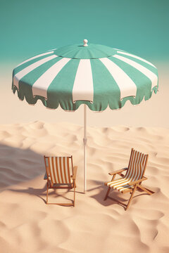 Illustration of a lounge chair under an umbrella on the beach. Empty deckchair and parasol on the beach during a summer. Realistic 3D illustration. Generative AI