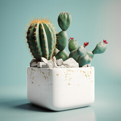Concrete pot modern geometric concrete planter. Beautiful concrete white planter concept design for colorful exotic cactus plant. Realistic 3D illustration. Generative AI