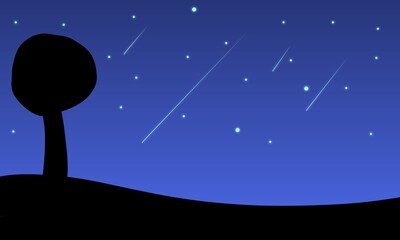 Obraz na płótnie Canvas Silhouette tree on starry night background with meteor shower