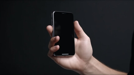 広告用の携帯電話のモックアップです。モバイルアプリのデザインやテキスト広告のために、空白の画面でスマートフォンを持ち、使用している男性のモックアップ画像GenerativeAI