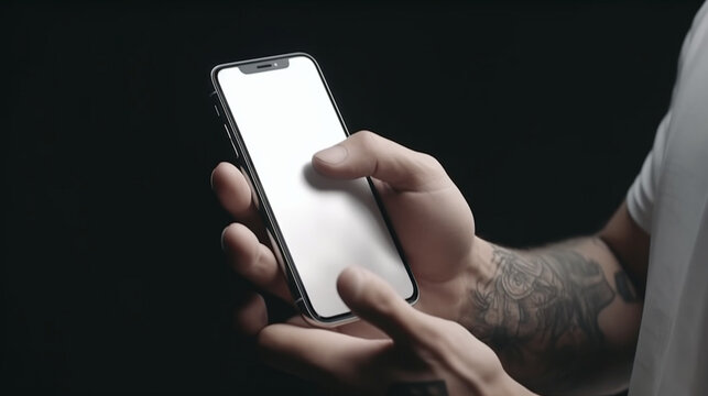 広告用の携帯電話のモックアップです。モバイルアプリのデザインやテキスト広告のために、空白の画面でスマートフォンを持ち、使用している男性のモックアップ画像GenerativeAI