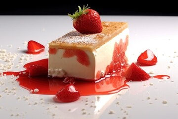 Dessert of a Cake made of Cream and some Strawberries on the Top, Cinematic Photo shot, Commercial Photography. Generative AI.