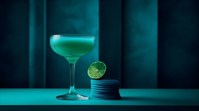  Alcoholic Frozen Blue Daiquiri Cocktail in modern style served on a elegant minimalist dark violet background, futuristic, abstract, luxury, pastel blue, green colors, sunlight, lime, AI Generated.