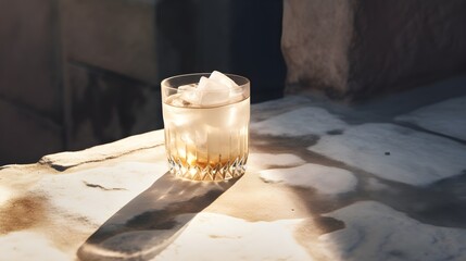 Alcoholic White Russian Cocktail in modern style served on a elegant white marble table, minimalist background, natural stone, concrete, luxury, sunlight, AI Generated. - obrazy, fototapety, plakaty