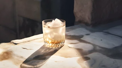 Selbstklebende Fototapeten Alcoholic White Russian Cocktail in modern style served on a elegant white marble table, minimalist background, natural stone, concrete, luxury, sunlight, AI Generated. © Vladislava
