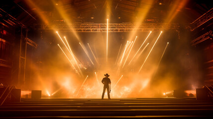 Country western stage concert background with smoke and lasers. Generative AI - obrazy, fototapety, plakaty
